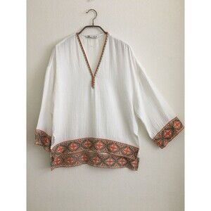 Zara Cotton Gauze Embroidered Boho Blouse XS Oversized Fits Small Medium Top
